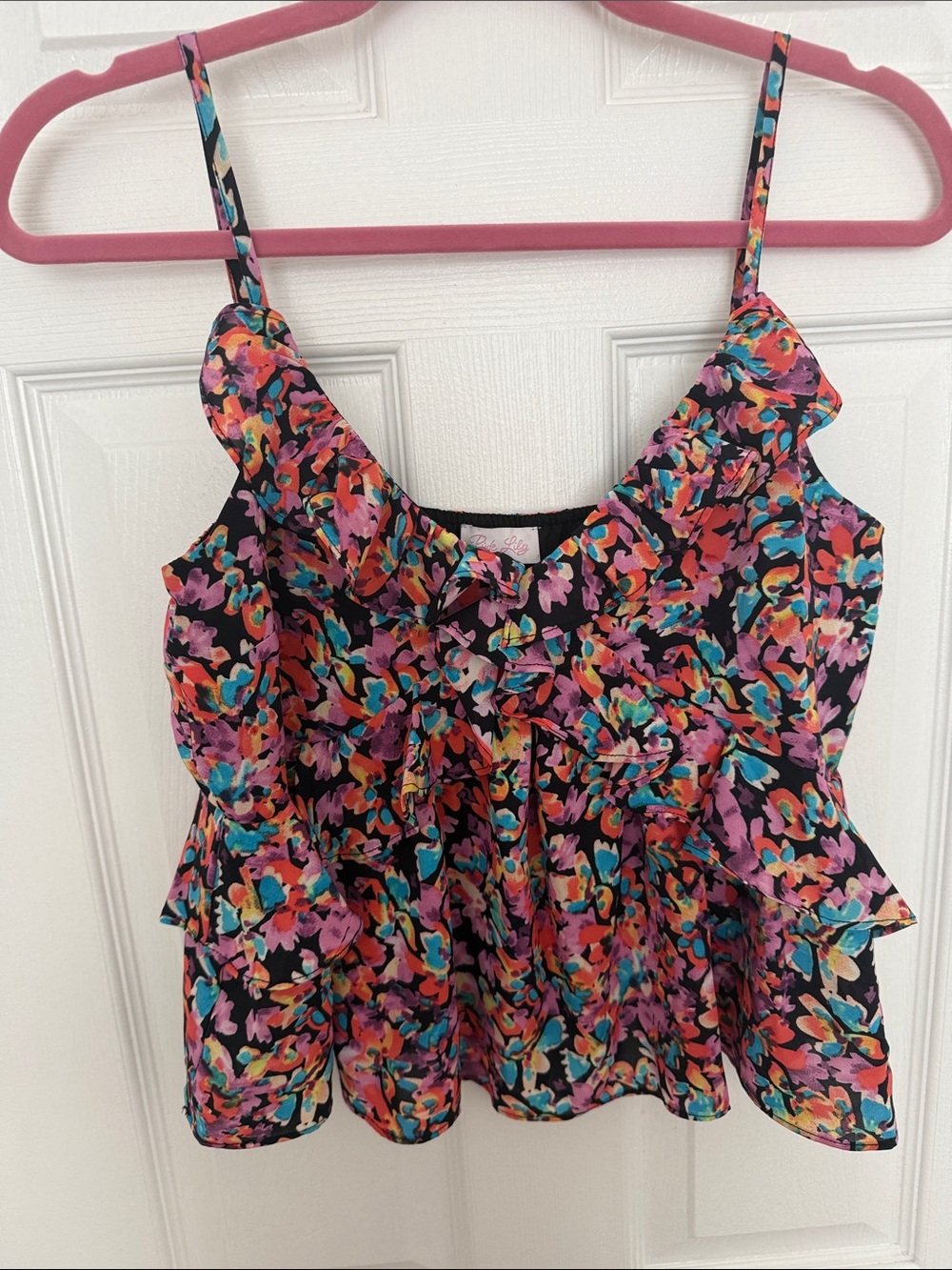 Pink Lily Multicolor Floral Ruffle Cami Top - Black Base